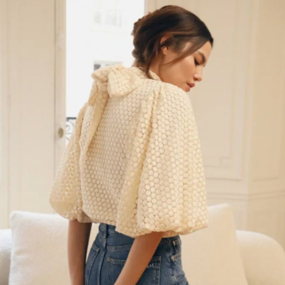 Elegant Cream Lace Bow-Back Blouse